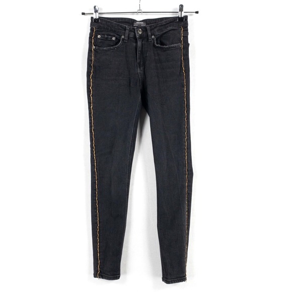 Zara Woman US 2 Skinny Jeans Black Cotton Stretch Gold Chain Detail Mid Rise - Picture 1 of 8